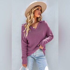 Johnny Collar Rib-Knit Drop Shoulder Sweater Purple